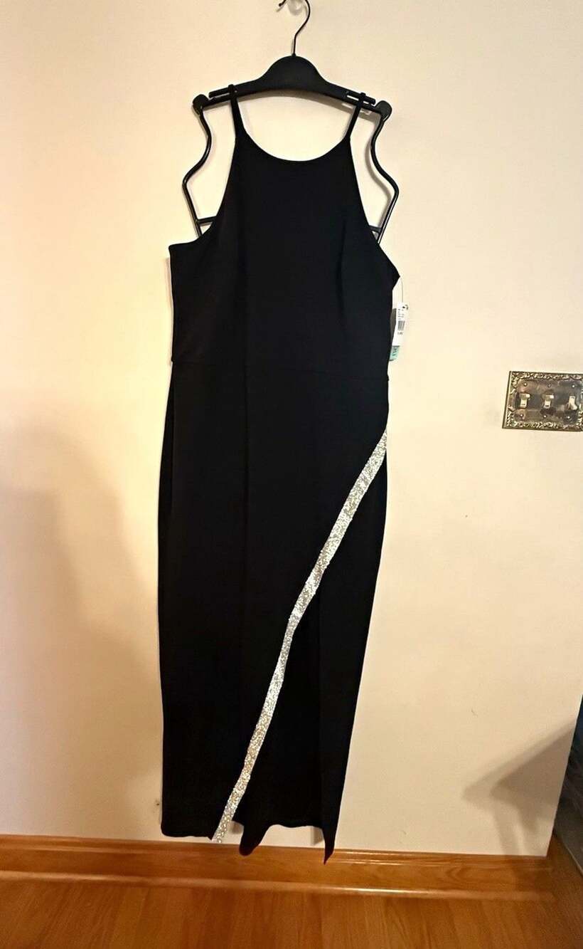 BCX Juniors XL Black High Slit Asymmetrical Sequin Trim Maxi Gown